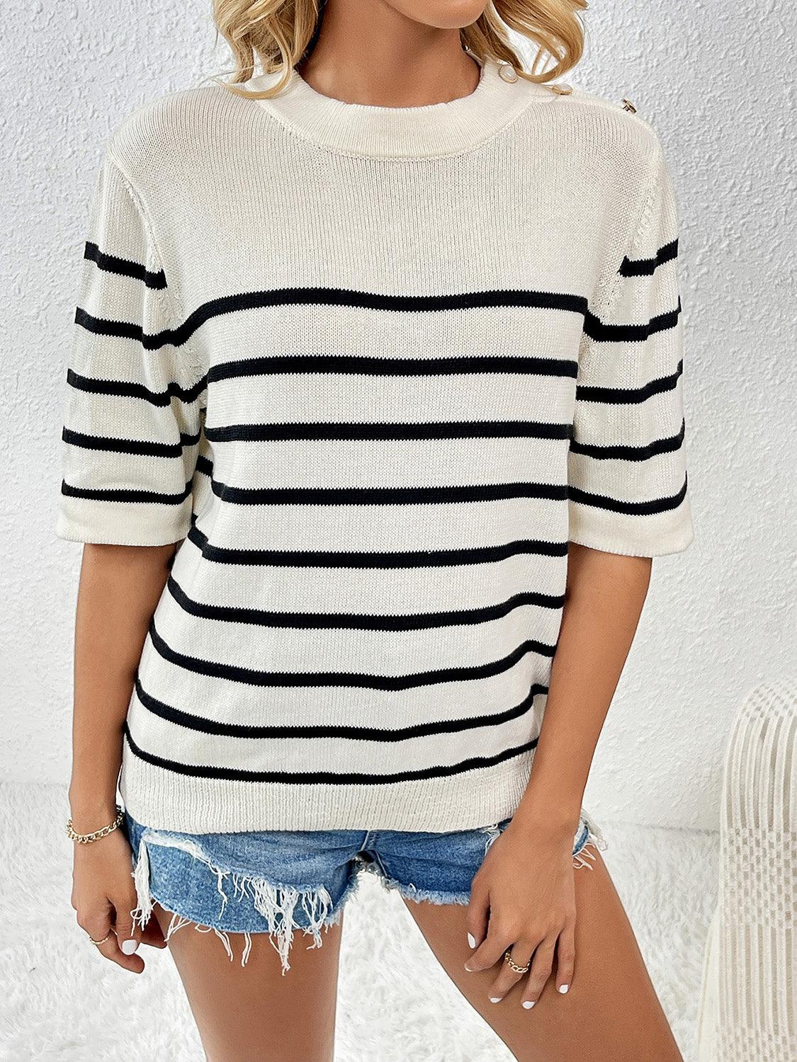 Striped Round Neck Half Sleeve Knit Top - KevRow5760