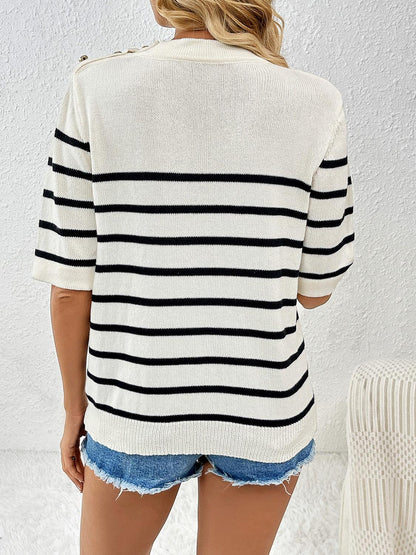 Striped Round Neck Half Sleeve Knit Top - KevRow5760