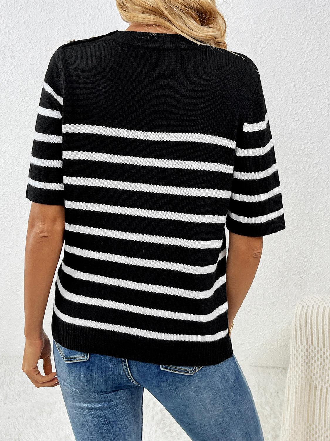 Striped Round Neck Half Sleeve Knit Top - KevRow5760