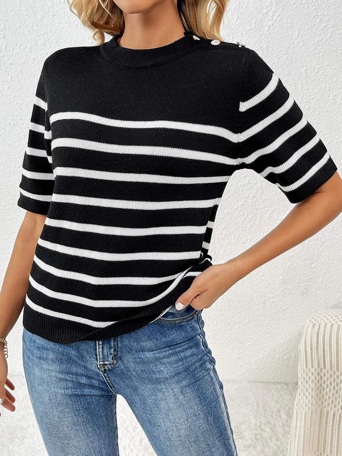 Striped Round Neck Half Sleeve Knit Top - KevRow5760