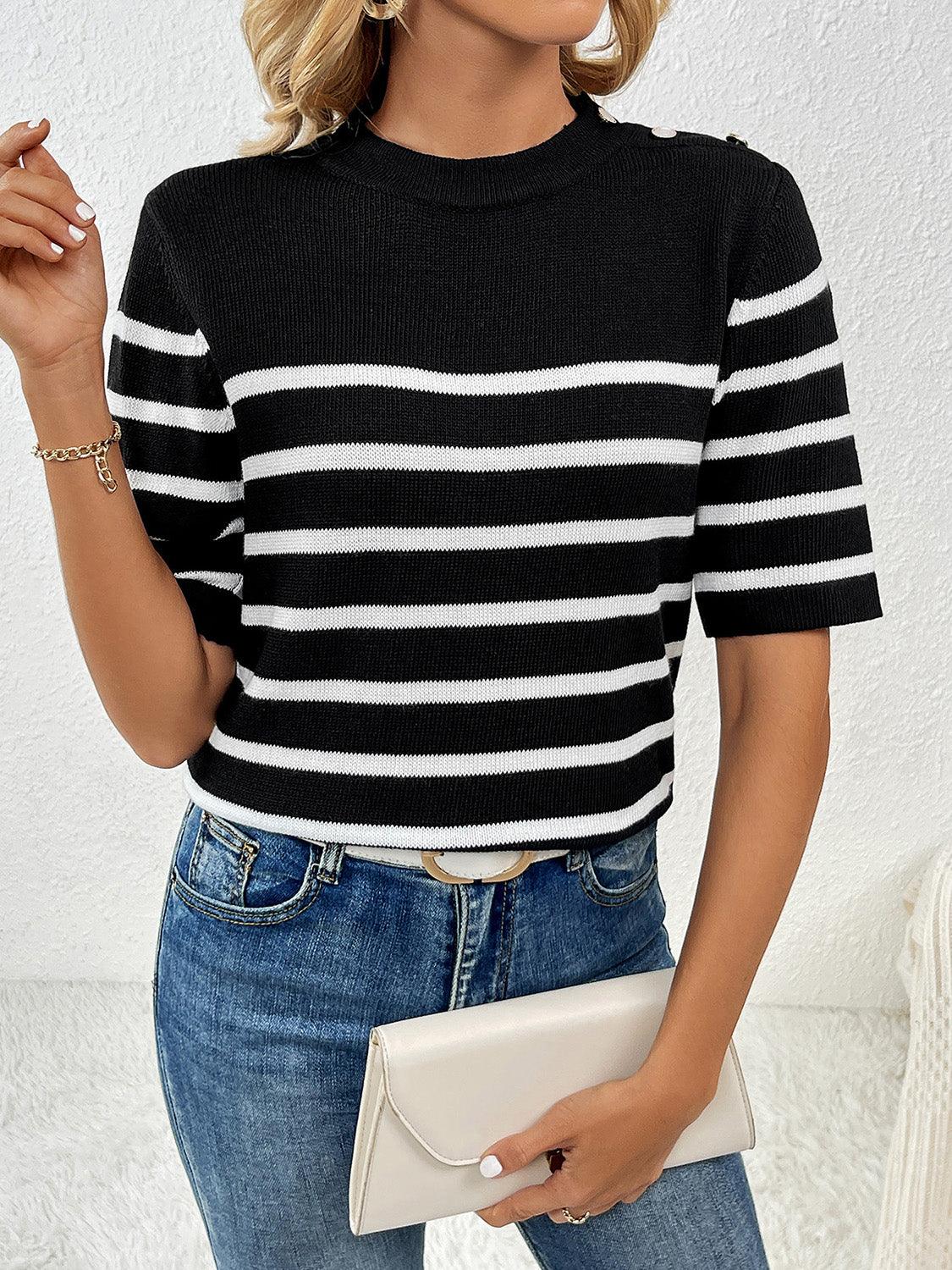 Striped Round Neck Half Sleeve Knit Top - KevRow5760