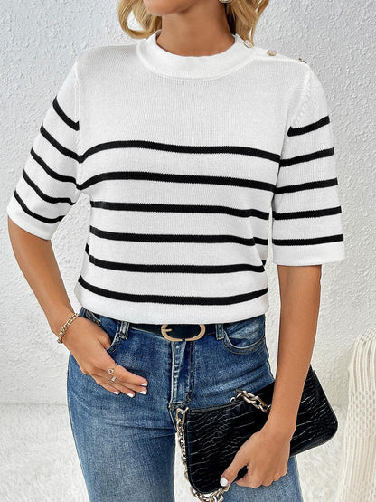 Striped Round Neck Half Sleeve Knit Top - KevRow5760