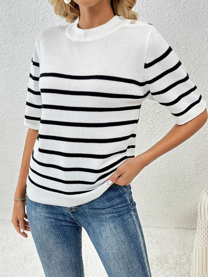 Striped Round Neck Half Sleeve Knit Top - KevRow5760