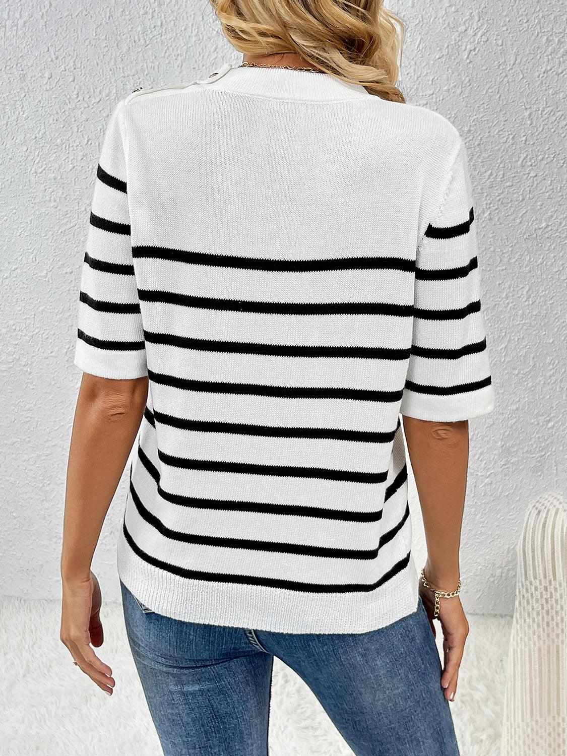 Striped Round Neck Half Sleeve Knit Top - KevRow5760