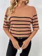 Striped Round Neck Half Sleeve Knit Top - KevRow5760