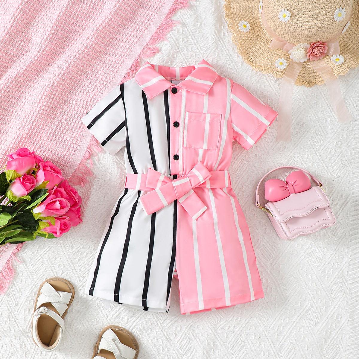 Striped Two-Tone Short Sleeve Tie Waist Romper - KevRow5760