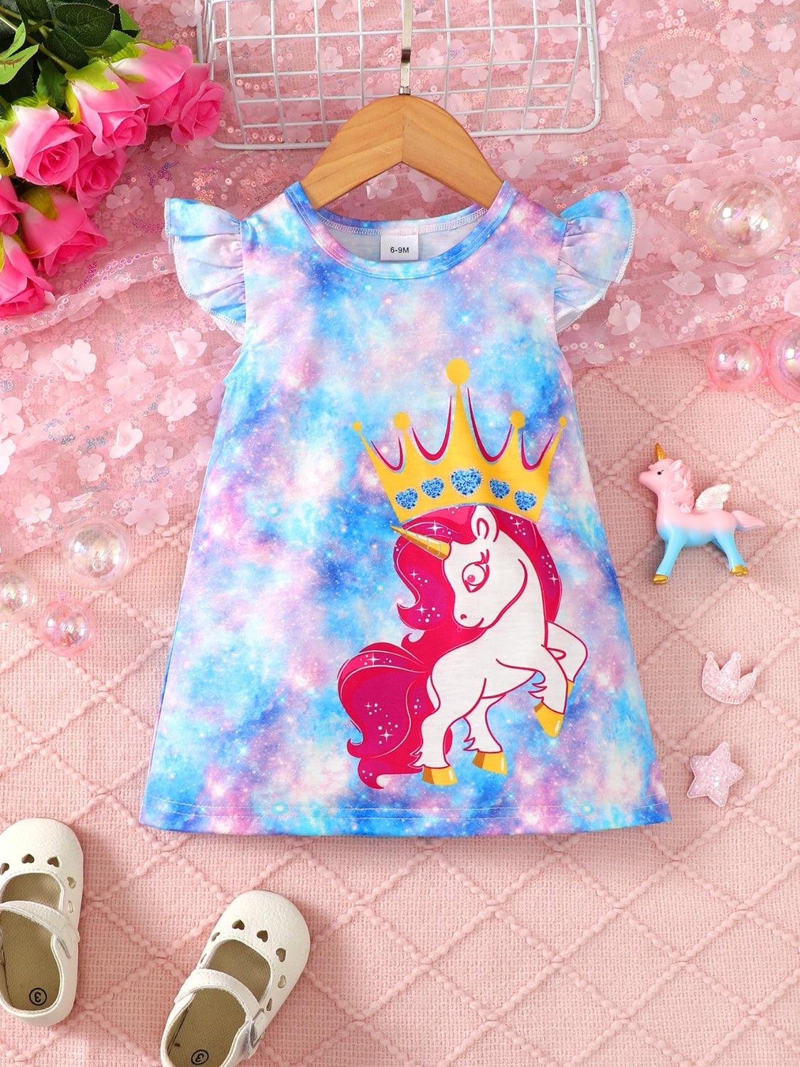 Unicorn Graphic Round Neck Ruffled Dress - KevRow5760