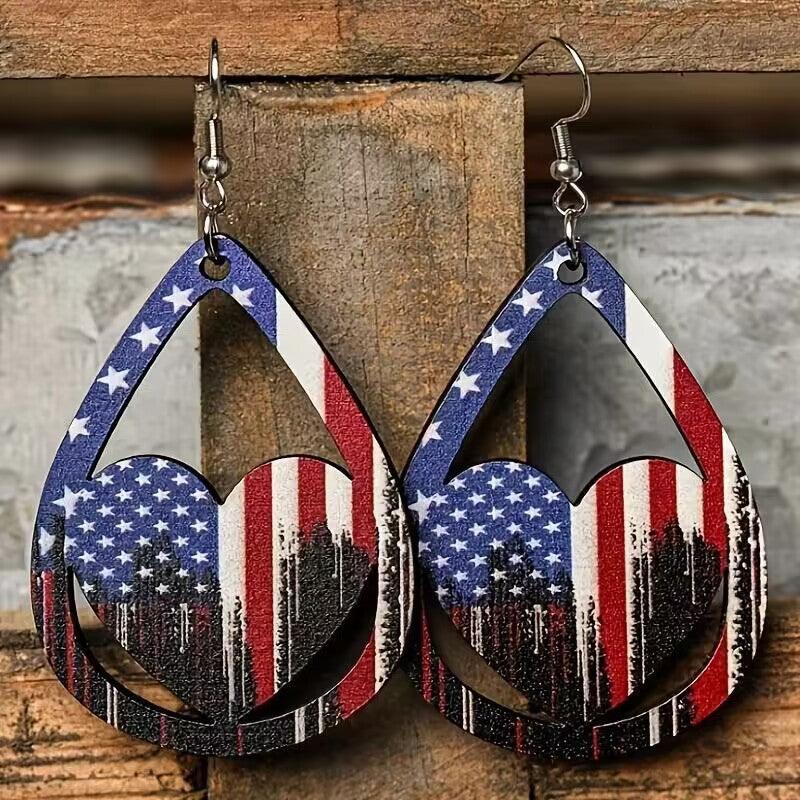 US Flag Pattern Wooden Earrings - KevRow5760