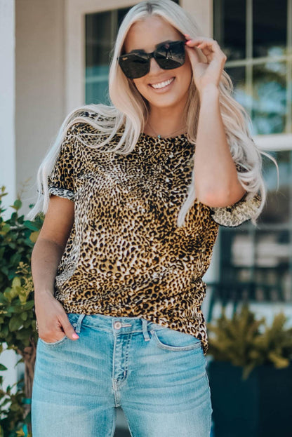 Women Leopard Short Flounce Sleeve Tee - KevRow5760