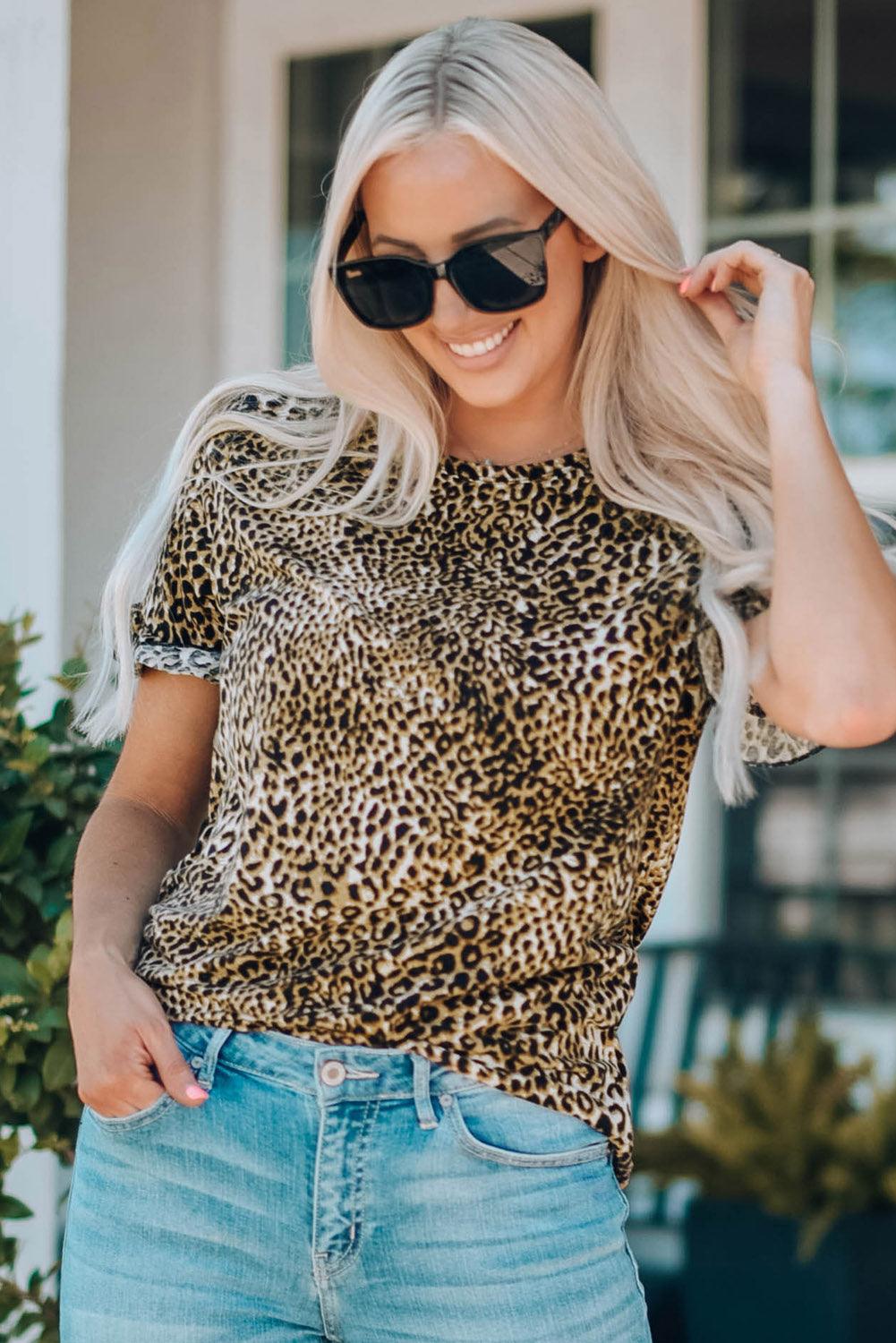 Women Leopard Short Flounce Sleeve Tee - KevRow5760