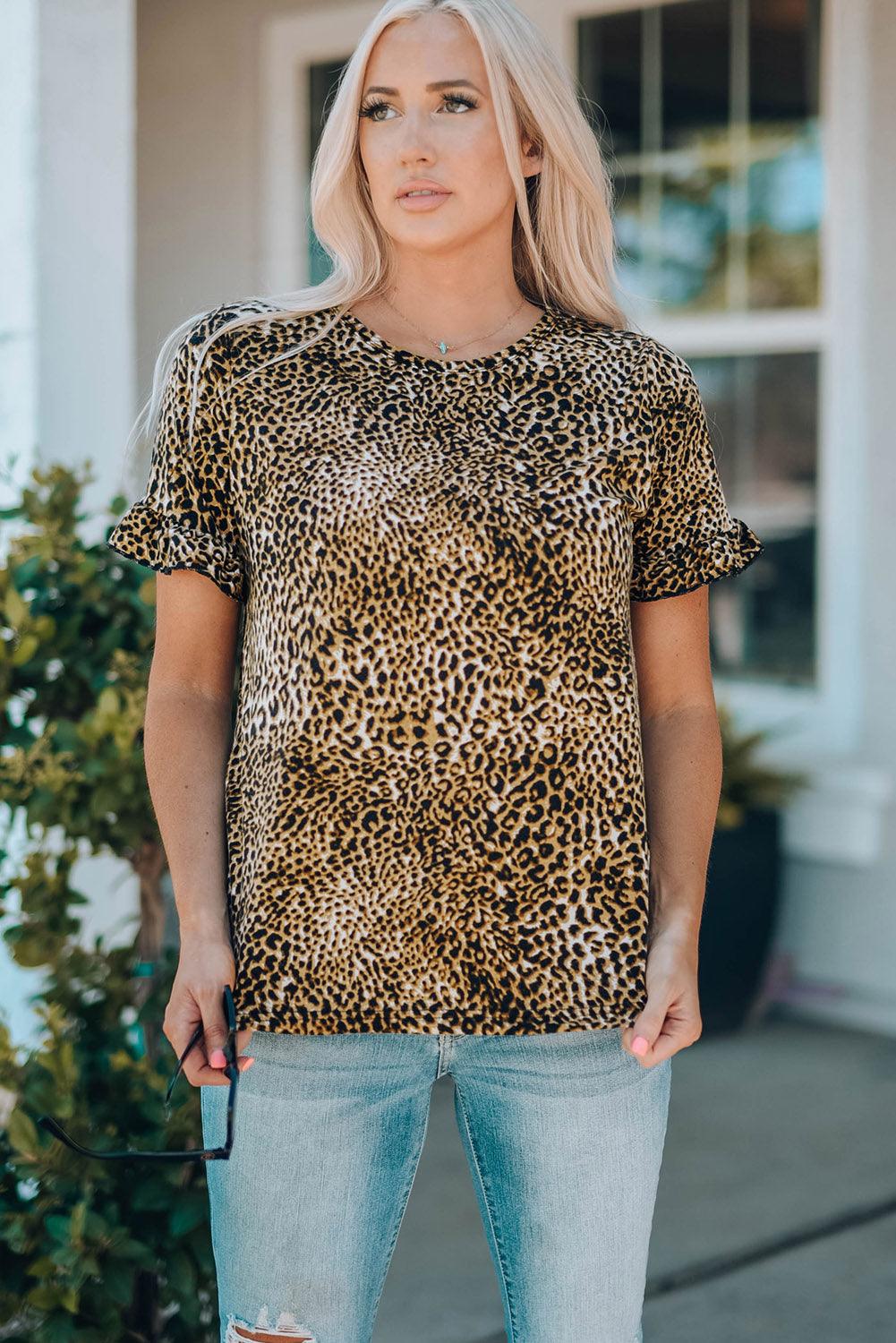 Women Leopard Short Flounce Sleeve Tee - KevRow5760