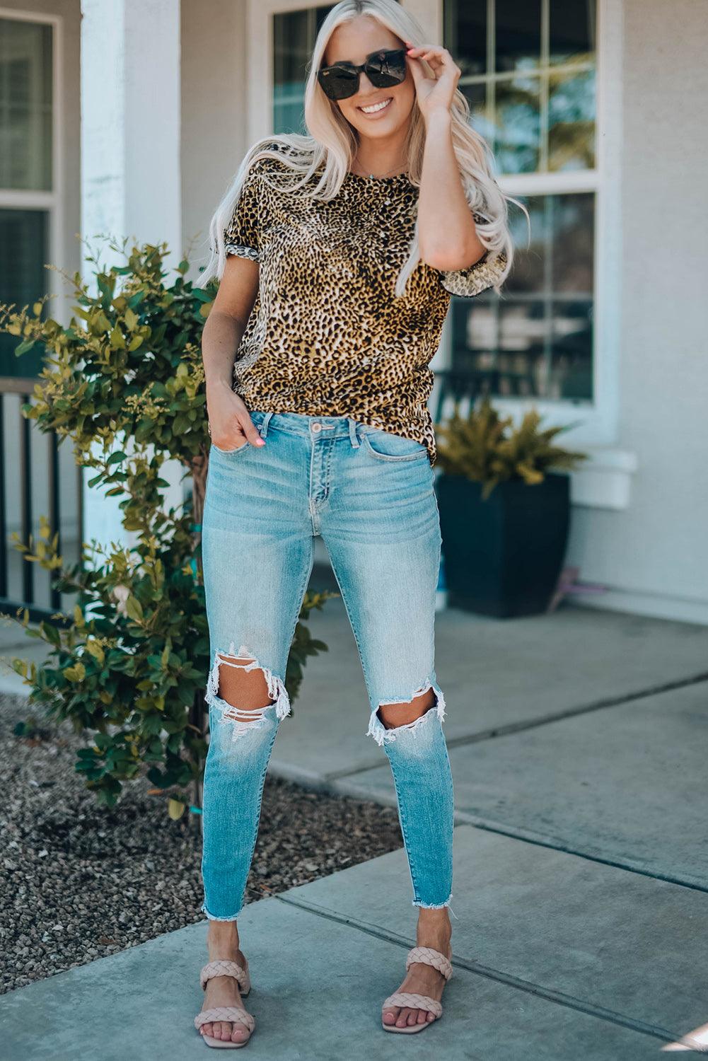 Women Leopard Short Flounce Sleeve Tee - KevRow5760