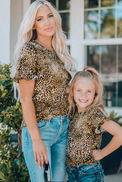 Women Leopard Short Flounce Sleeve Tee - KevRow5760