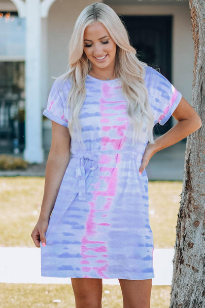 Women Tie-Dye Belted T-Shirt Dress - KevRow5760