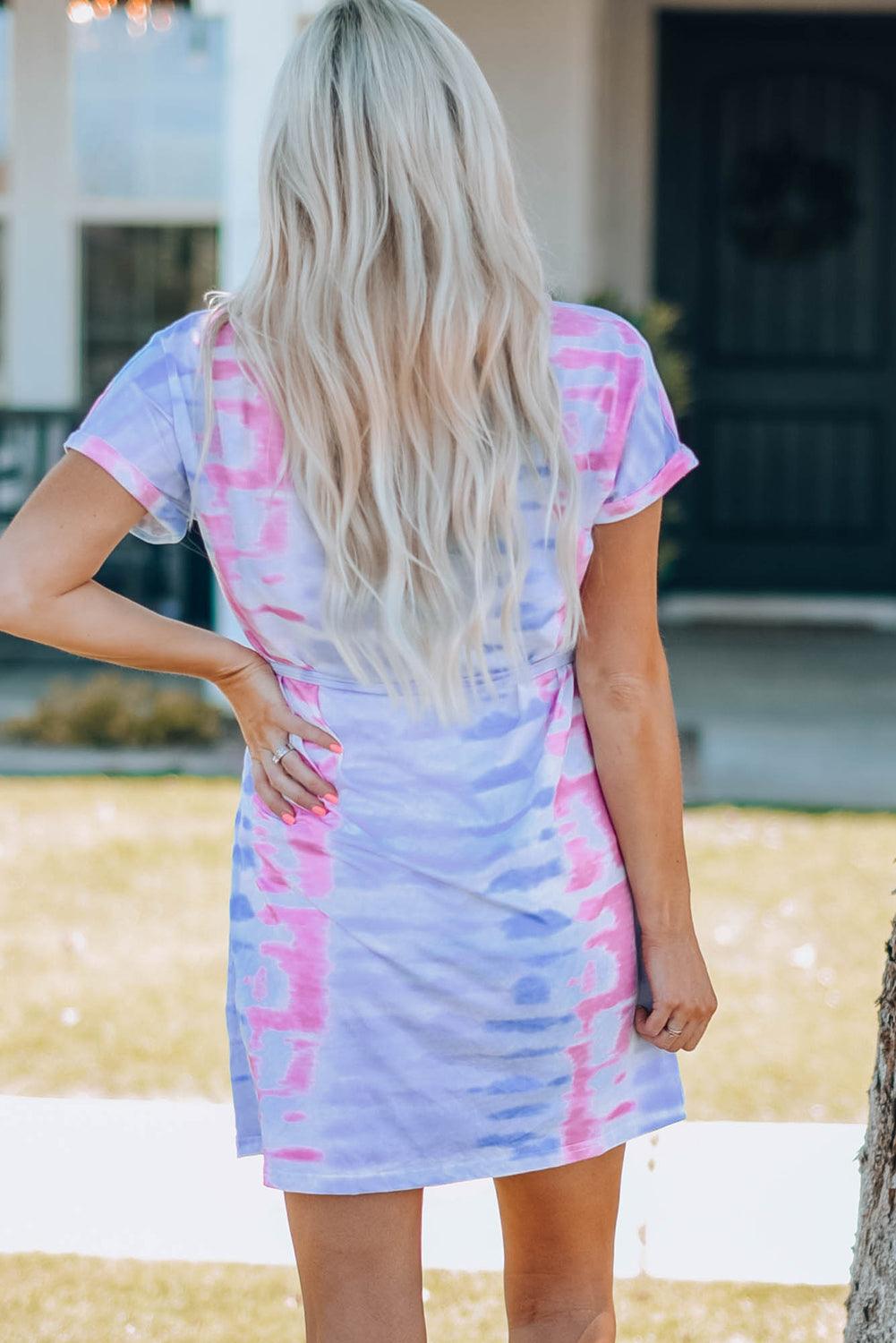 Women Tie-Dye Belted T-Shirt Dress - KevRow5760