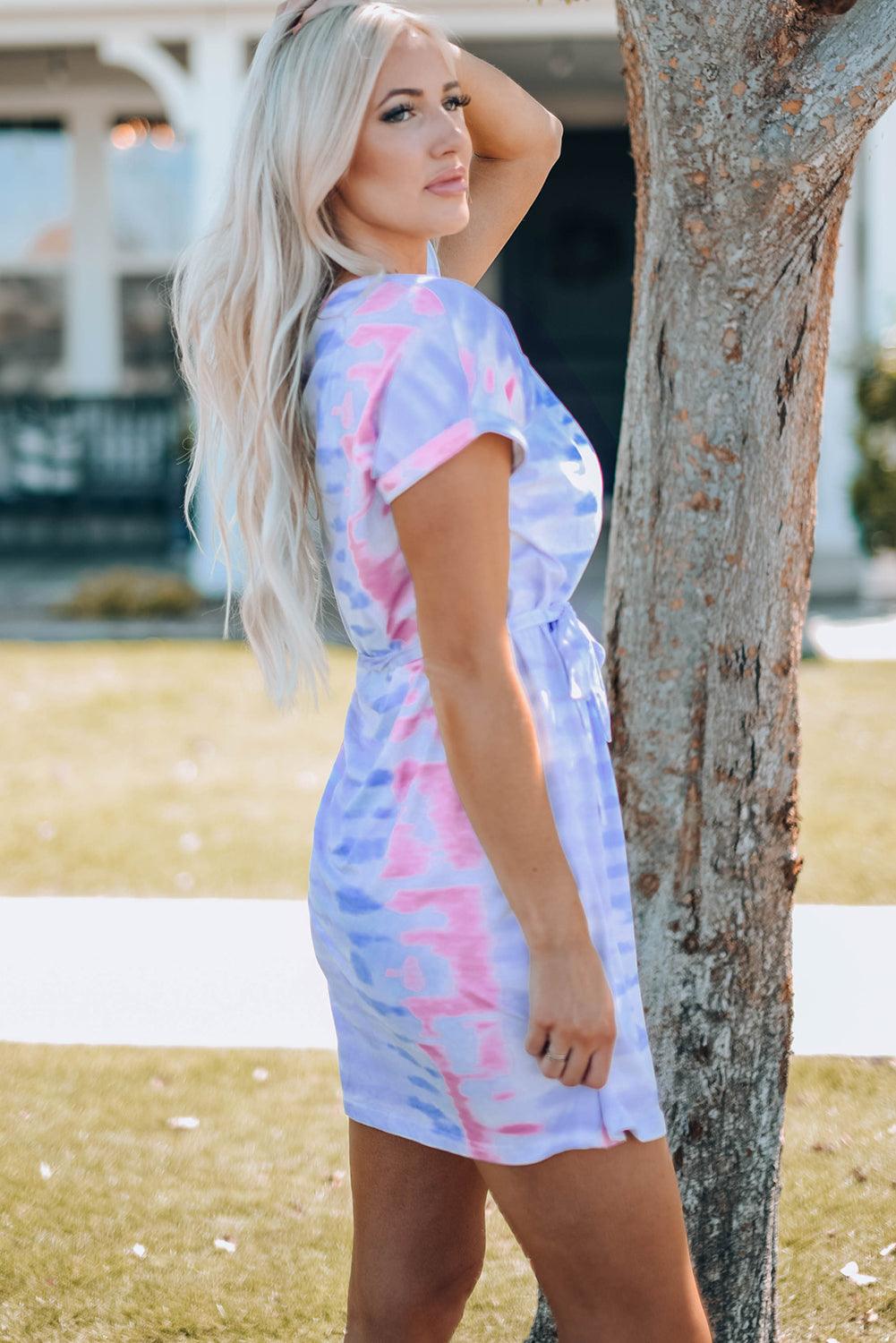 Women Tie-Dye Belted T-Shirt Dress - KevRow5760