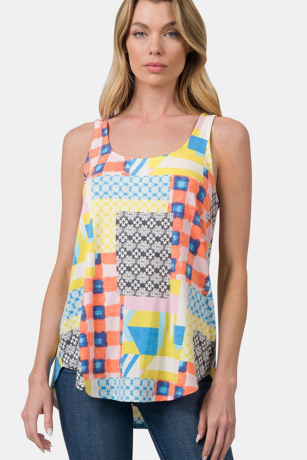 Zenana Printed Round Neck Curved Hem Tank - KevRow5760