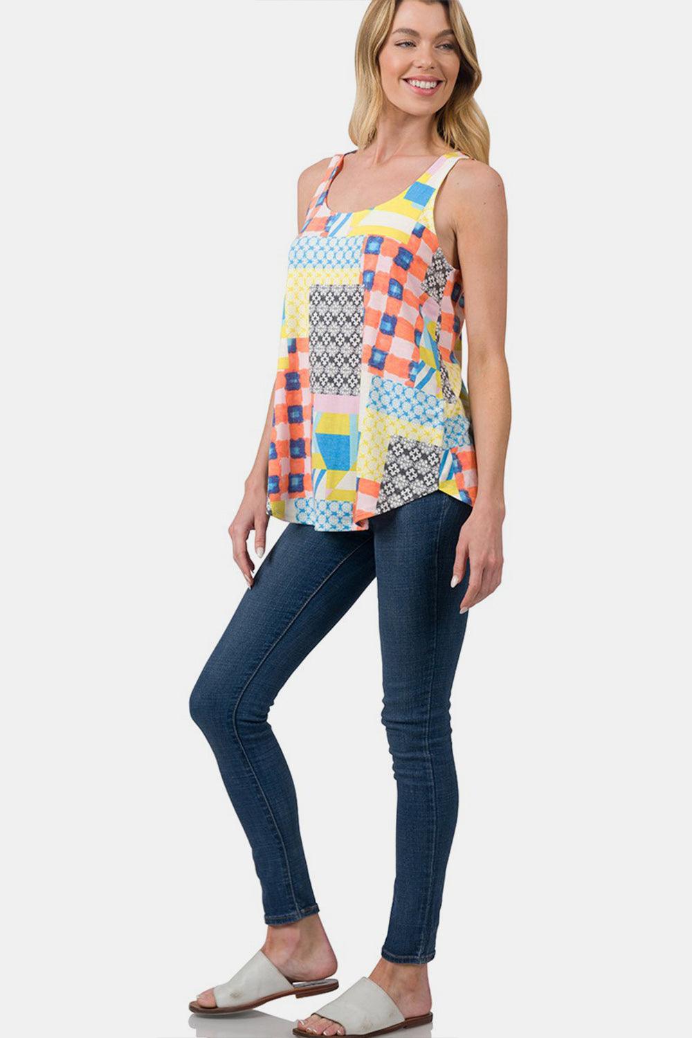 Zenana Printed Round Neck Curved Hem Tank - KevRow5760