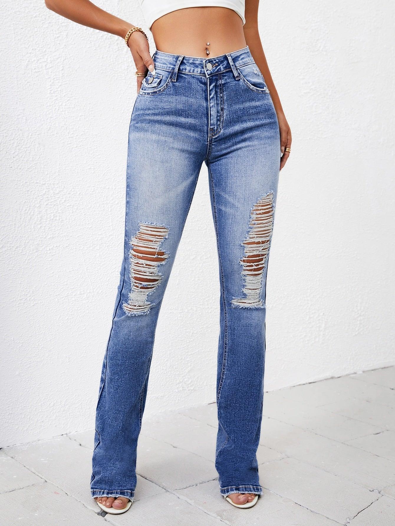 Ladder Distressed Boot-cut Leg Jeans - KevRow5760