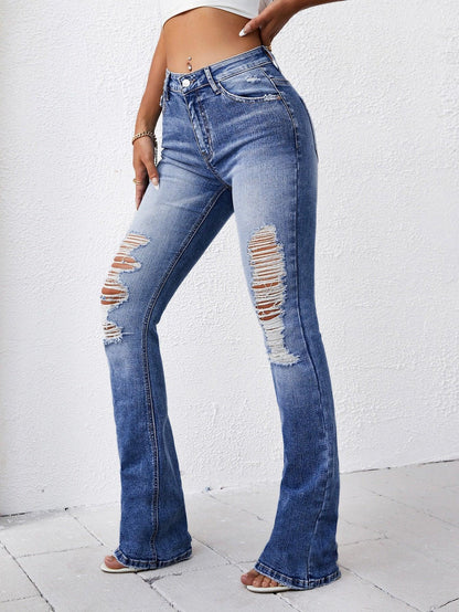 Ladder Distressed Boot-cut Leg Jeans - KevRow5760