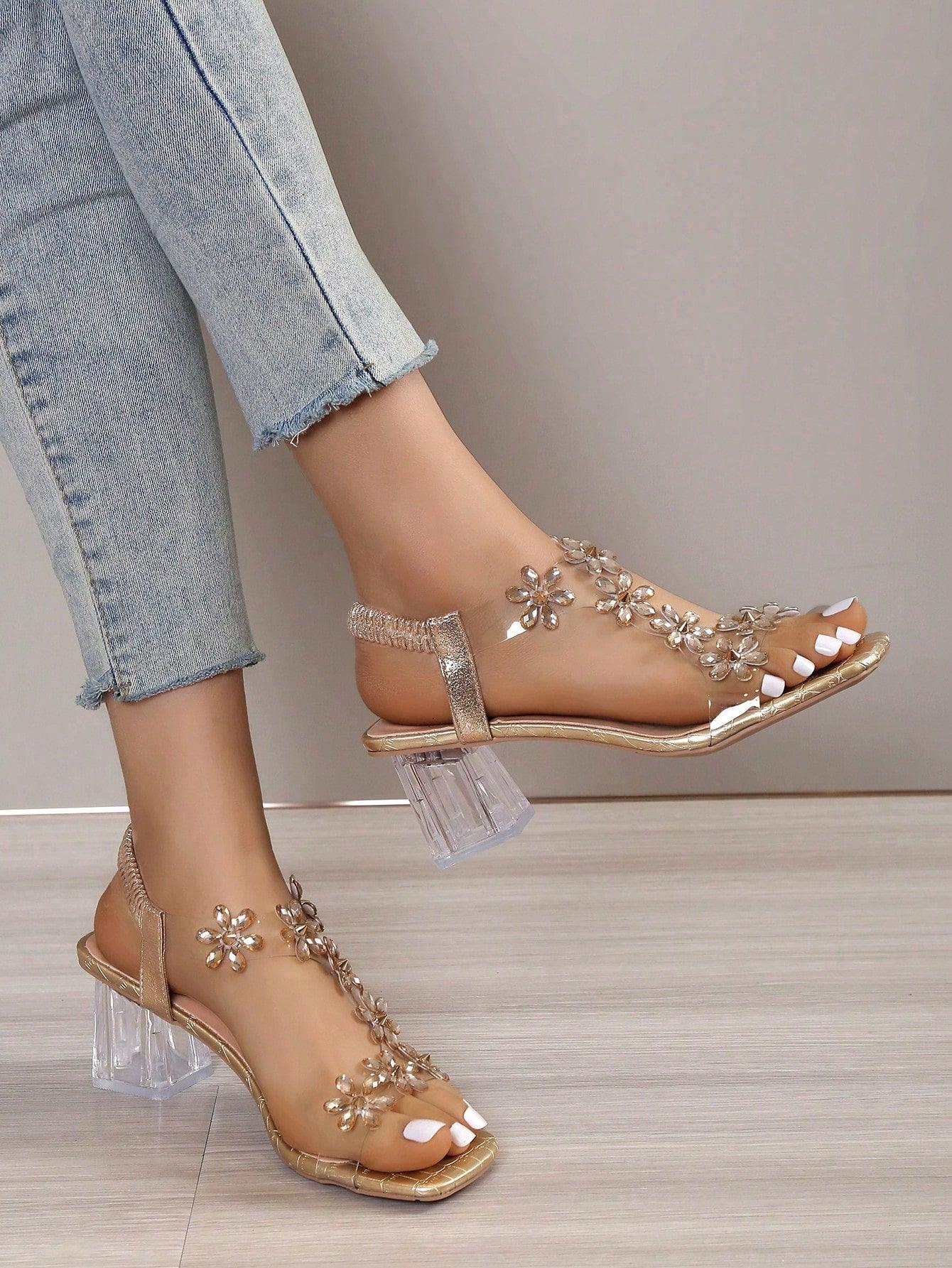 Women Rhinestone & Flower Decor Clear Chunky Heeled Sandals, Glamorous PVC Slingback Sandals For Summer - KevRow5760