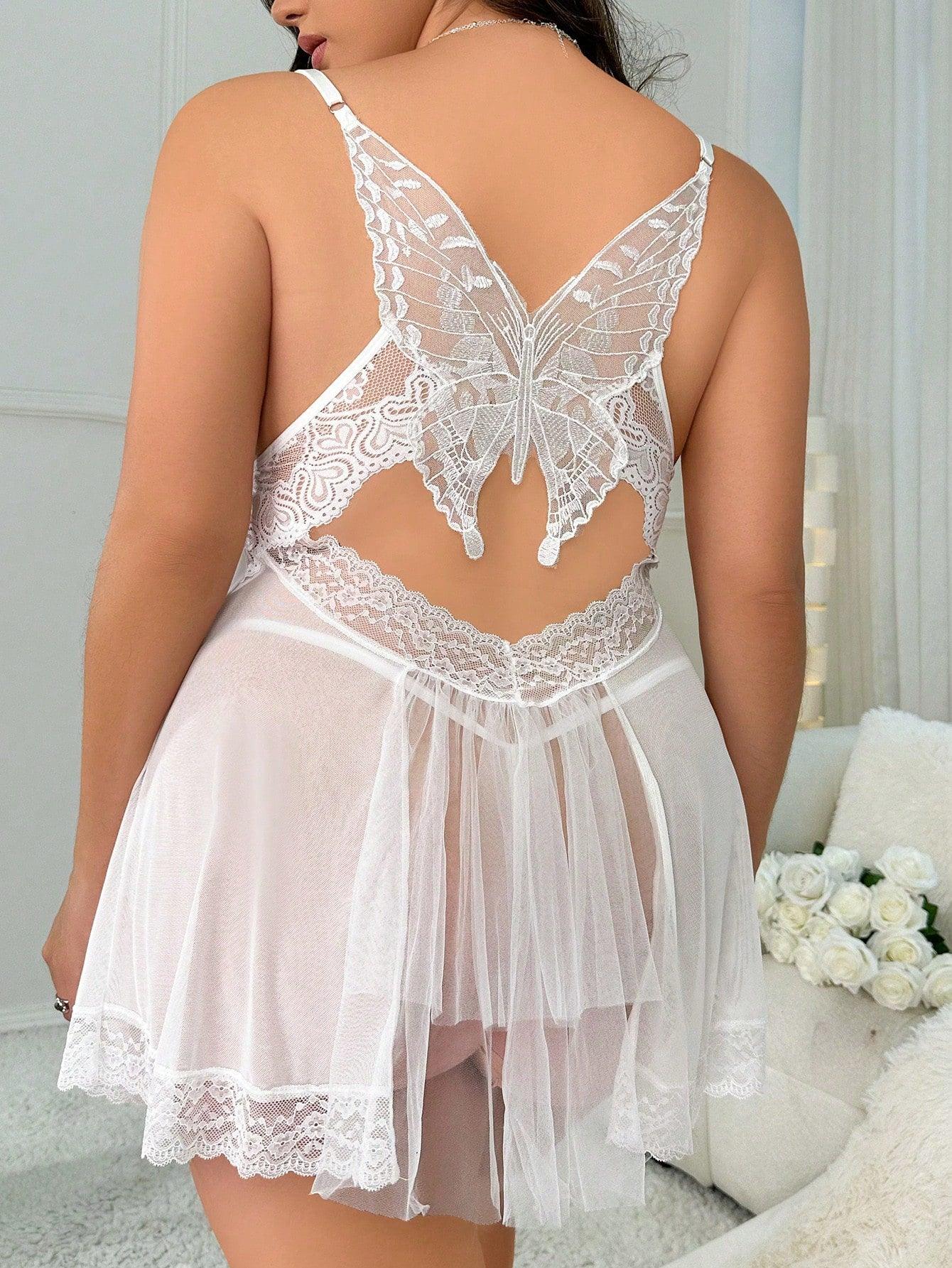 Plus Butterfly Embroidery Contrast Lace Mesh Slips With Thong - KevRow5760