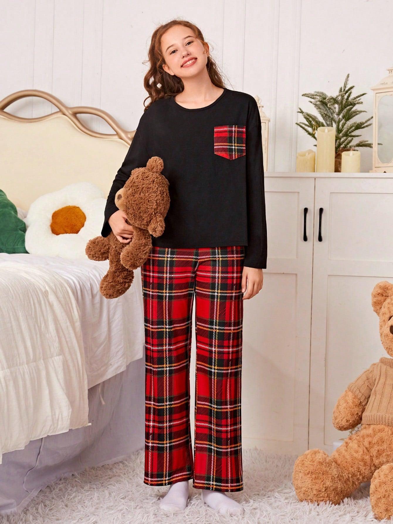 Teen Girl Tartan Print Pocket Patched PJ Set - KevRow5760