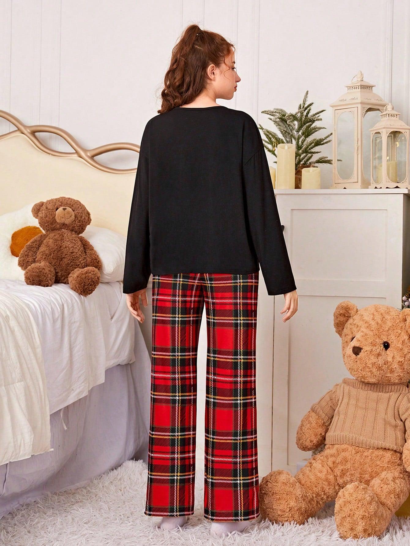 Teen Girl Tartan Print Pocket Patched PJ Set - KevRow5760