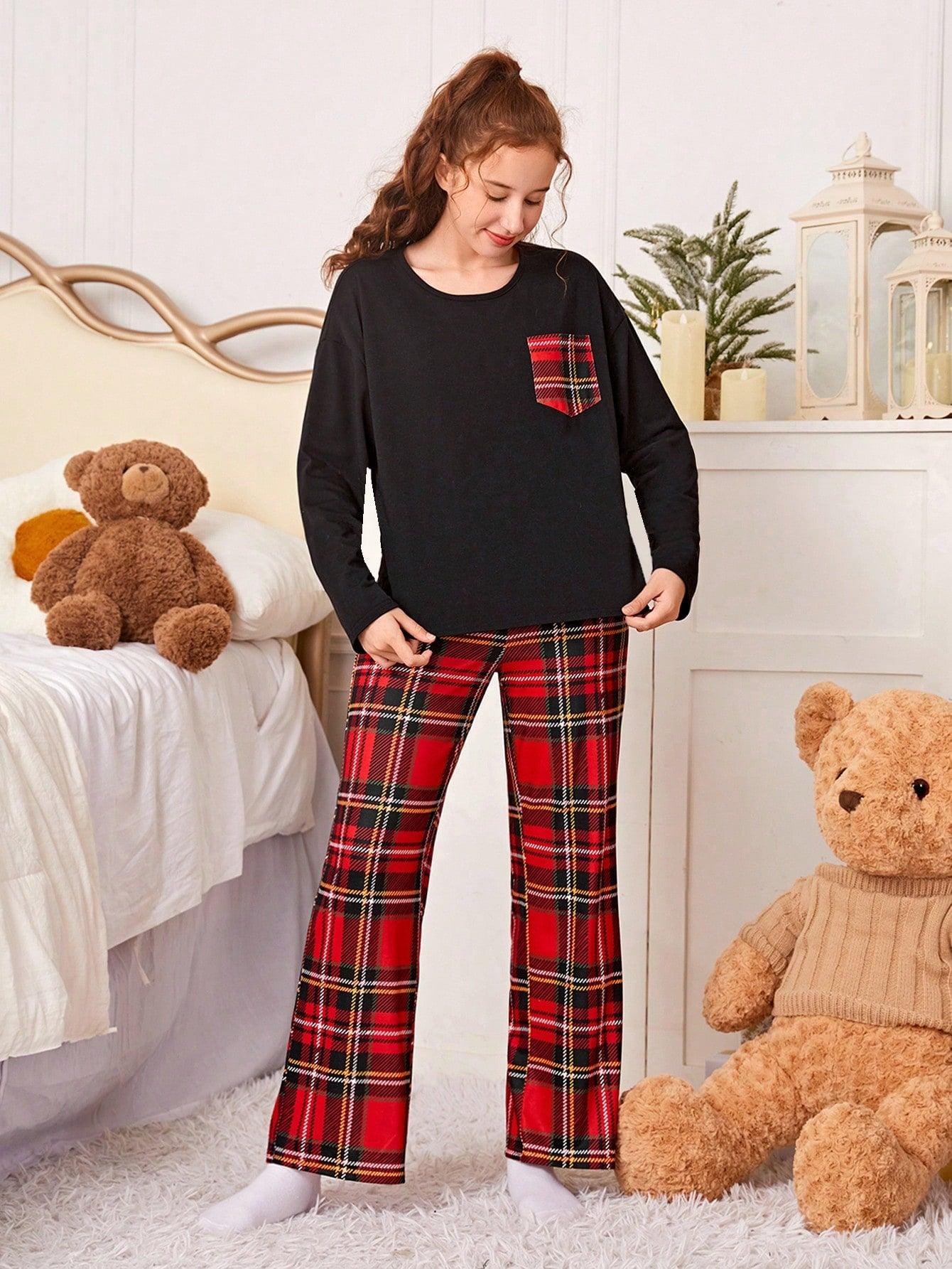 Teen Girl Tartan Print Pocket Patched PJ Set - KevRow5760