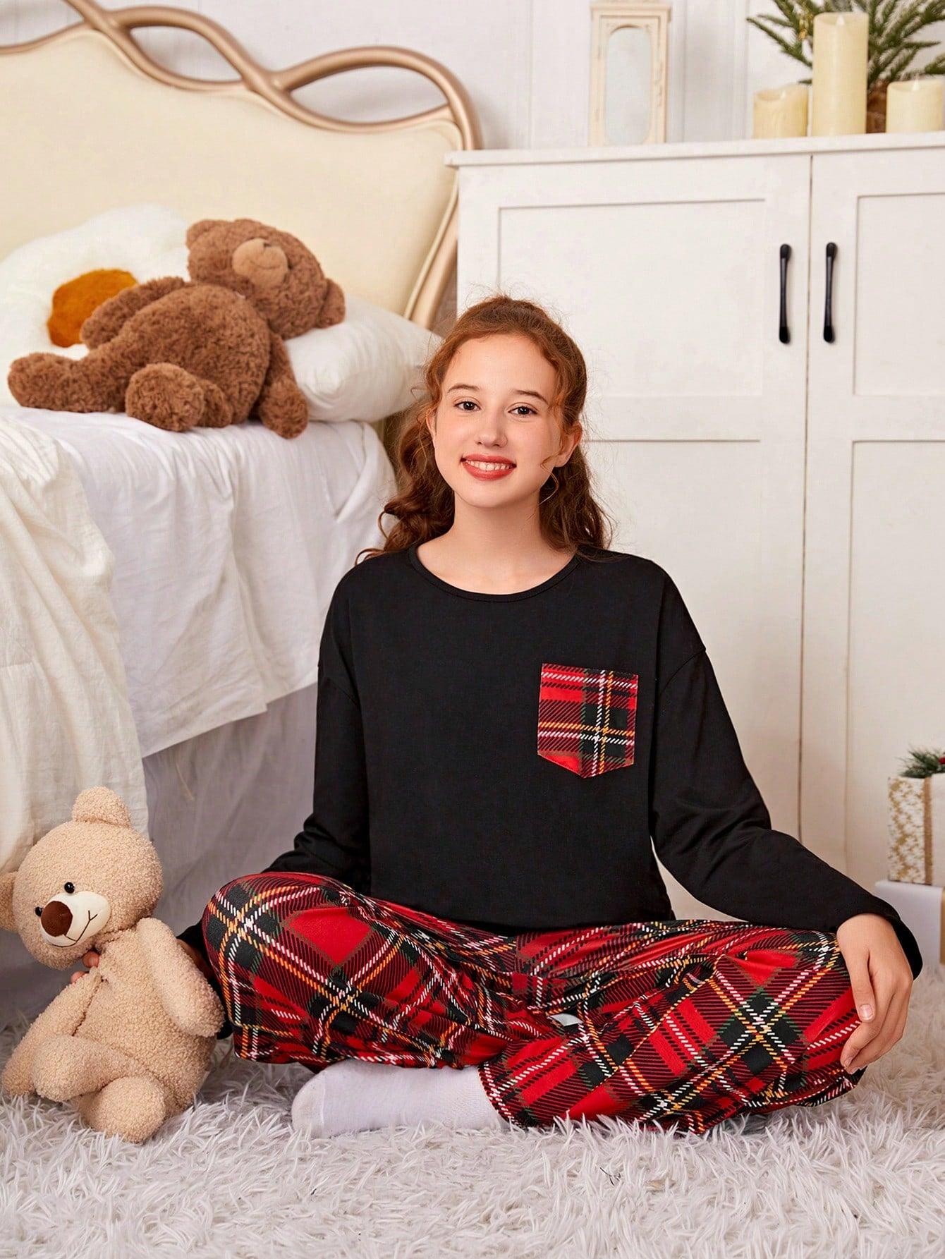 Teen Girl Tartan Print Pocket Patched PJ Set - KevRow5760