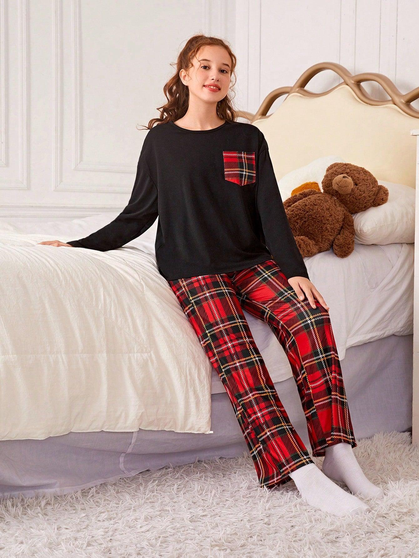 Teen Girl Tartan Print Pocket Patched PJ Set - KevRow5760