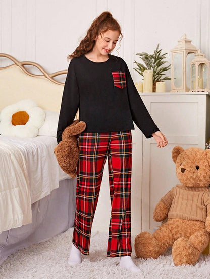 Teen Girl Tartan Print Pocket Patched PJ Set - KevRow5760