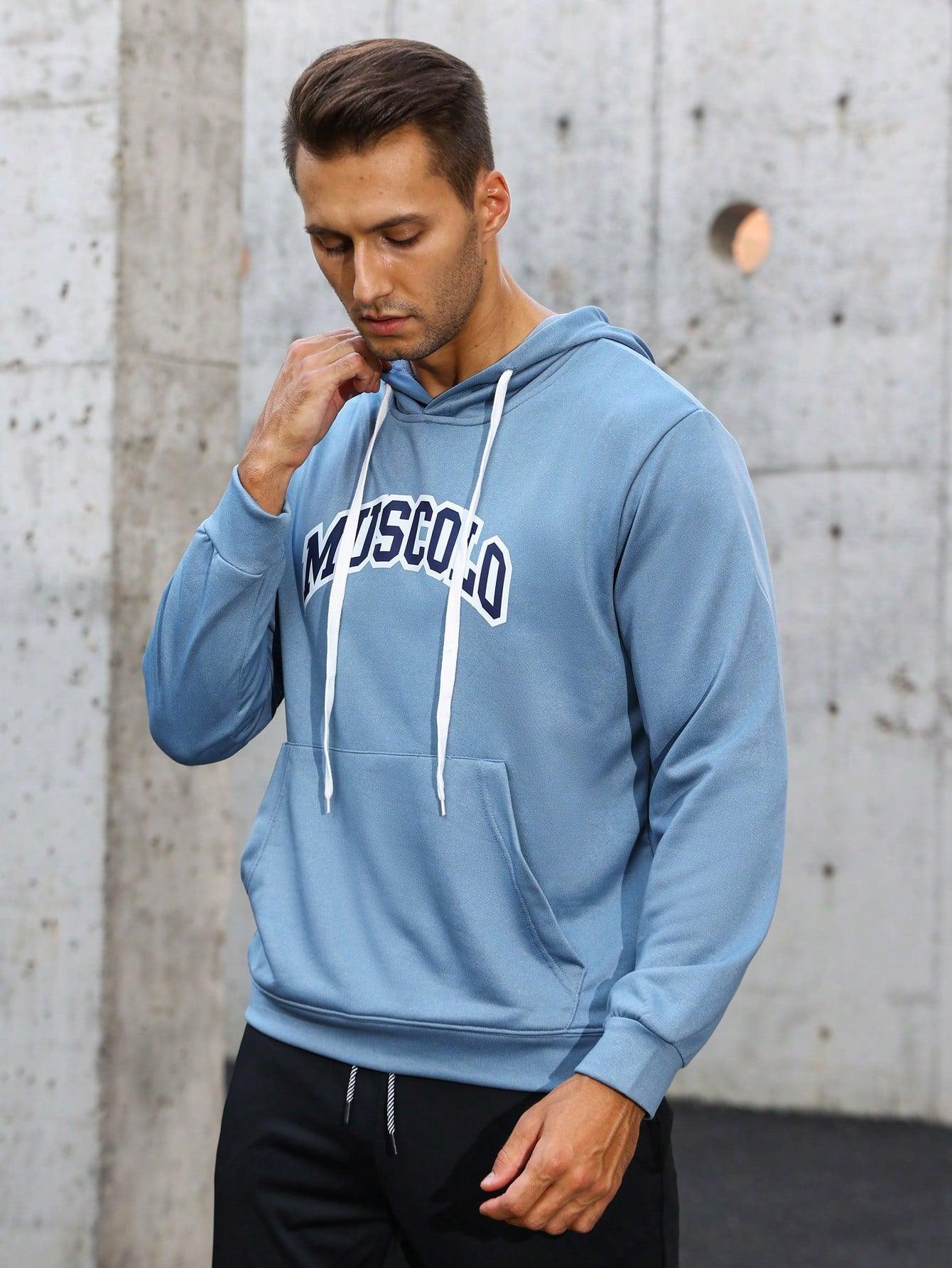 Men Letter Graphic Kangaroo Pocket Drawstring Sports Hoodie - KevRow5760