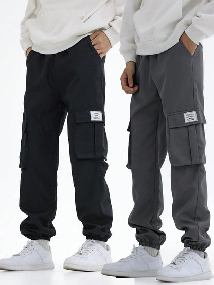 Tween Boy 2pcs Letter Patched Detail Flap Pocket Side Drawstring Waist Cargo Pants - KevRow5760