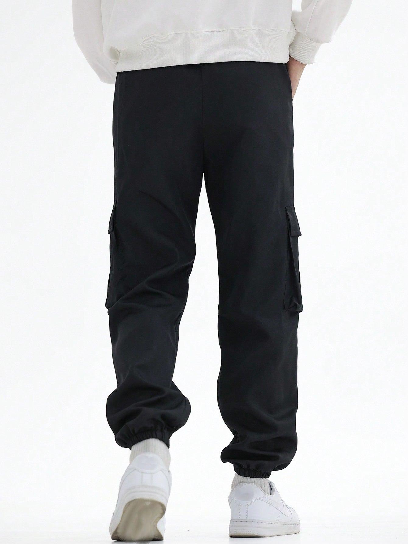 Tween Boy 2pcs Letter Patched Detail Flap Pocket Side Drawstring Waist Cargo Pants - KevRow5760