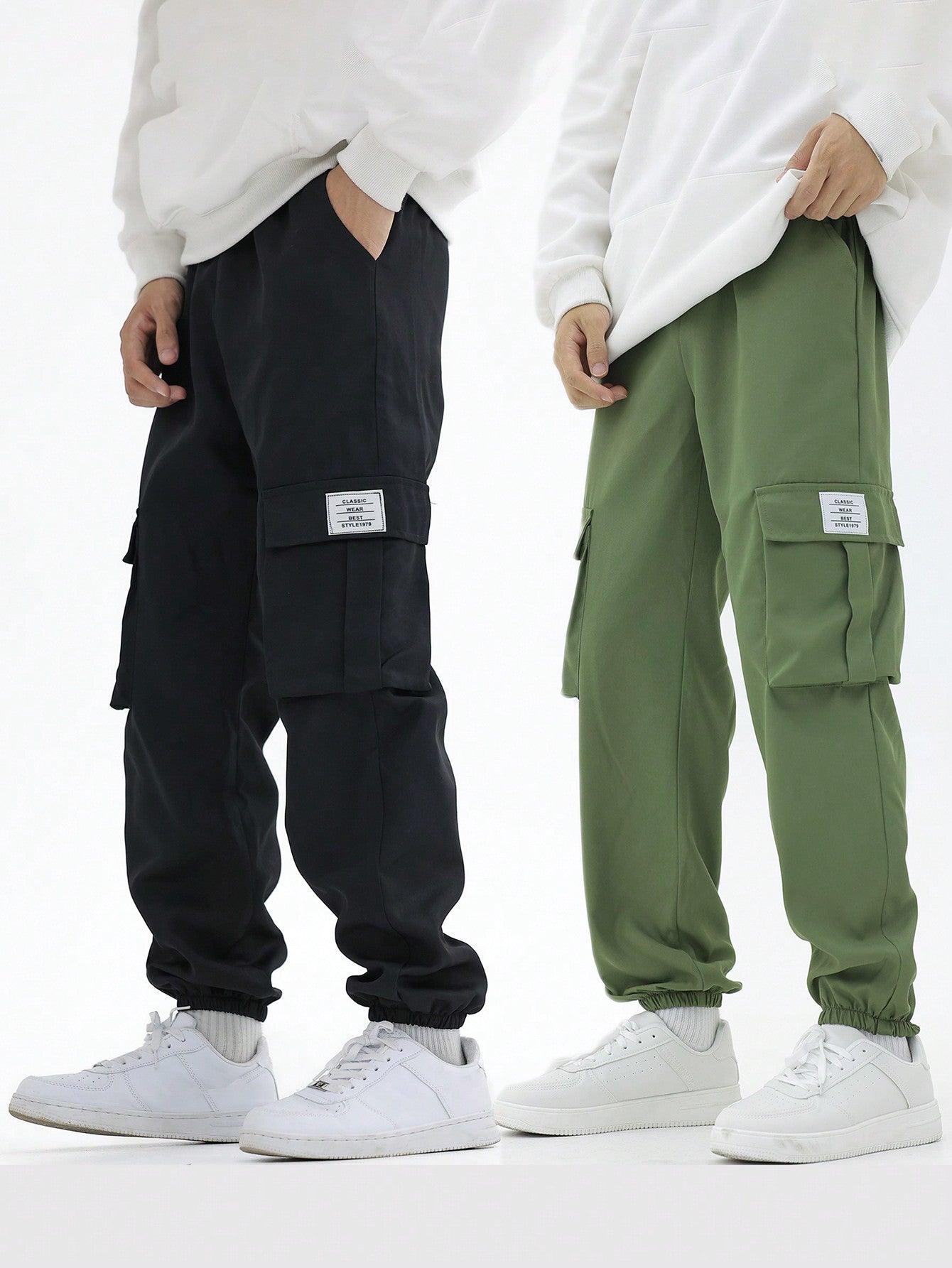 Tween Boy 2pcs Letter Patched Detail Flap Pocket Side Drawstring Waist Cargo Pants - KevRow5760