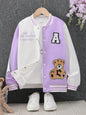 Teen Girl Bear Patched & Slogan Graphic Two Tone Varsity Jacket Without Tee - KevRow5760