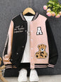 Teen Girl Bear Patched & Slogan Graphic Two Tone Varsity Jacket Without Tee - KevRow5760