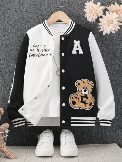 Teen Girl Bear Patched & Slogan Graphic Two Tone Varsity Jacket Without Tee - KevRow5760