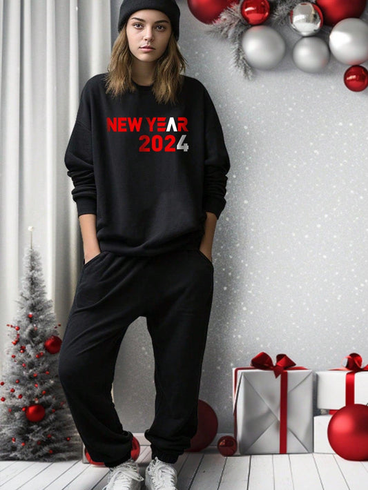 Teenage Girls' Casual Minimalist New Year 2024 Printed Sweatshirt And Sweatpants Set - KevRow5760