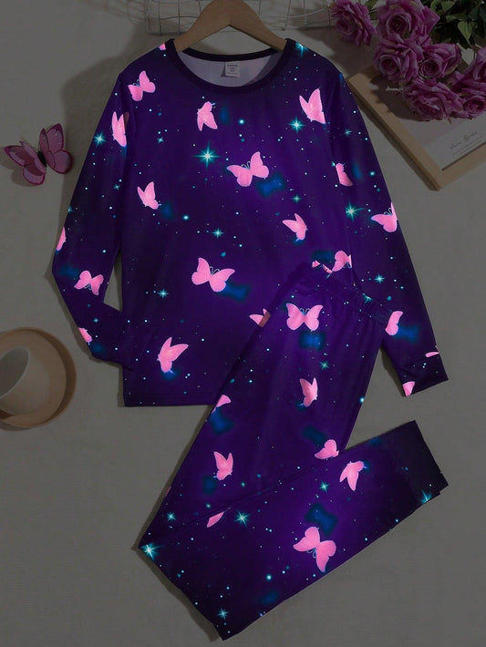 Girls' Lovely Butterfly Printed Two-piece Set For Autumn/winter - KevRow5760