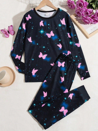 Girls' Lovely Butterfly Printed Two-piece Set For Autumn/winter - KevRow5760