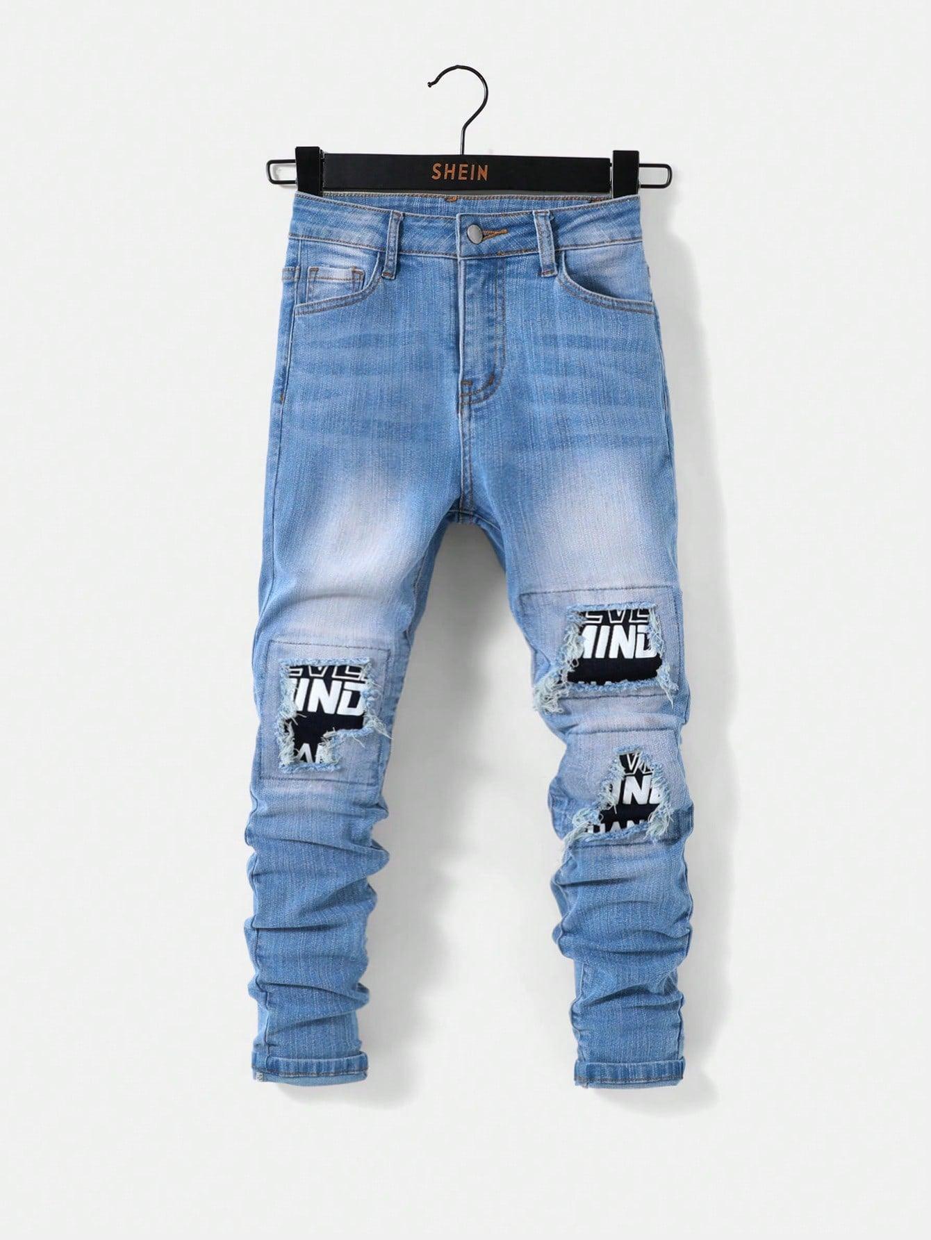 Tween Boy Ripped Denim Jeans With Patchwork - KevRow5760