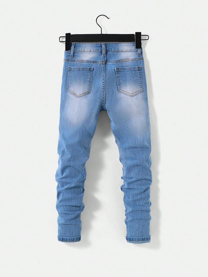 Tween Boy Ripped Denim Jeans With Patchwork - KevRow5760