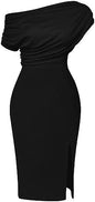 Memoriesea Women&#39;s Elegant Off Shoulder Split Hem Bodycon Ruched Midi Club Party Dress - KevRow5760