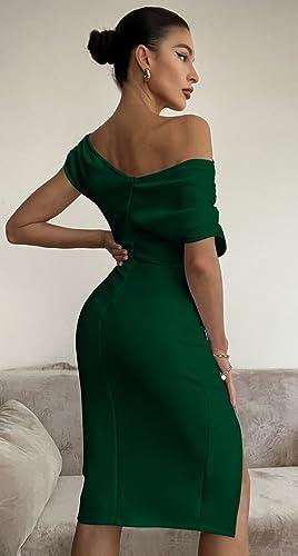 Memoriesea Women&#39;s Elegant Off Shoulder Split Hem Bodycon Ruched Midi Club Party Dress - KevRow5760