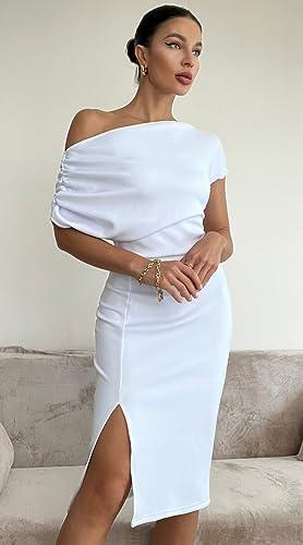 Memoriesea Women&#39;s Elegant Off Shoulder Split Hem Bodycon Ruched Midi Club Party Dress - KevRow5760