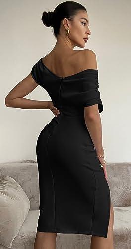 Memoriesea Women&#39;s Elegant Off Shoulder Split Hem Bodycon Ruched Midi Club Party Dress - KevRow5760