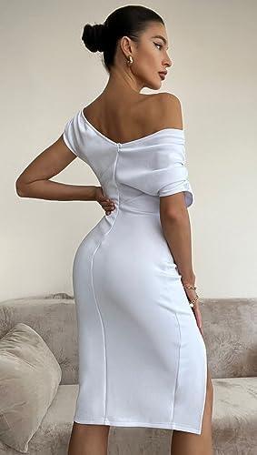 Memoriesea Women&#39;s Elegant Off Shoulder Split Hem Bodycon Ruched Midi Club Party Dress - KevRow5760