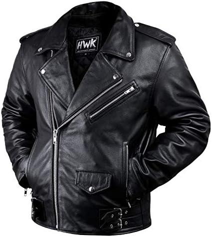 HWK Brando Leather Motorcycle Jacket for Men, Genuine Black Leather Jacket with Removable CE Armor &amp; Micro Polyester Thermal Lining for Weather &amp; Water Resistant Enduro Motorbike Riding - Large - KevRow5760